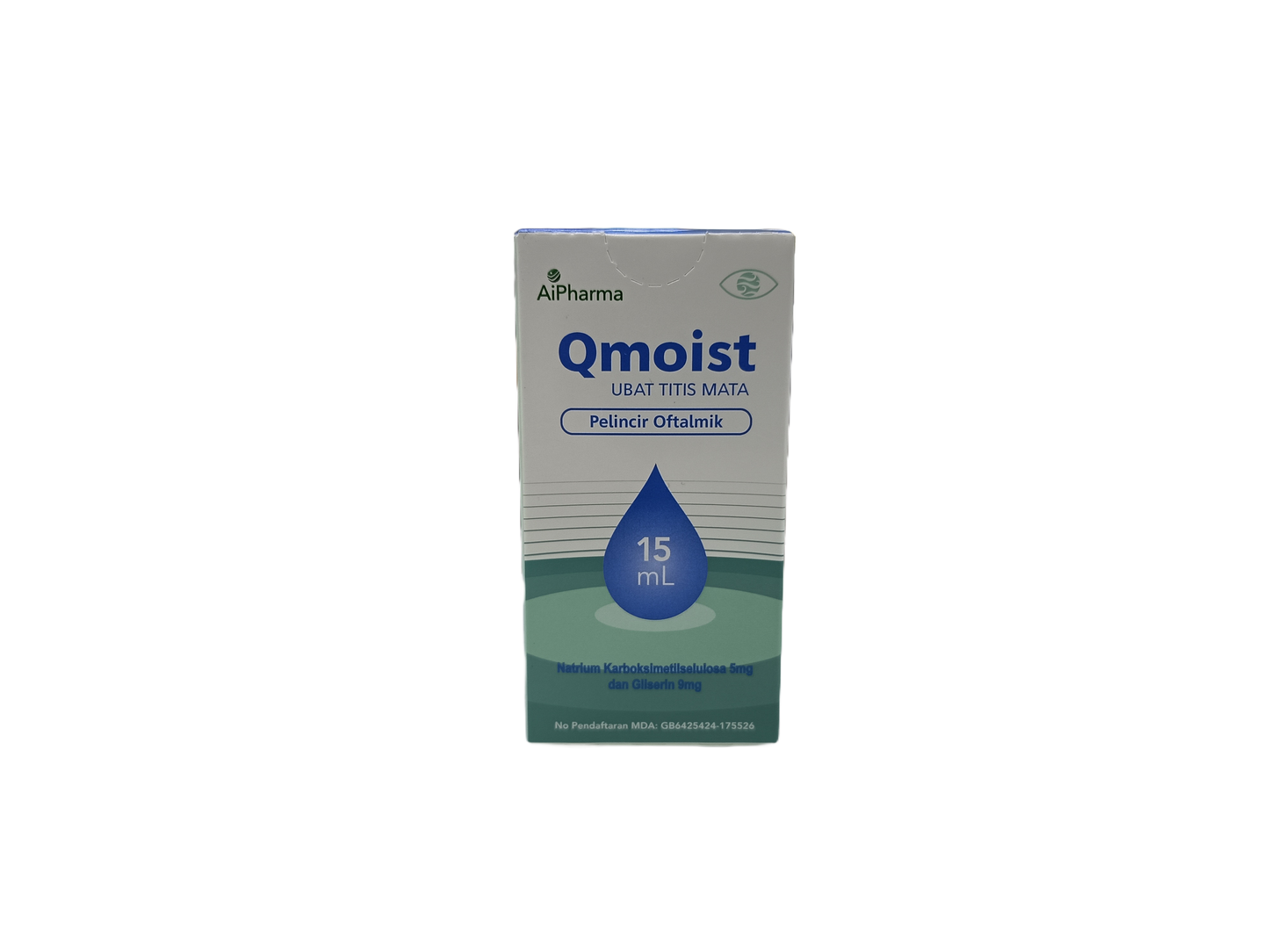 Qmoist eye drop box with Alpharma logo on a white background
