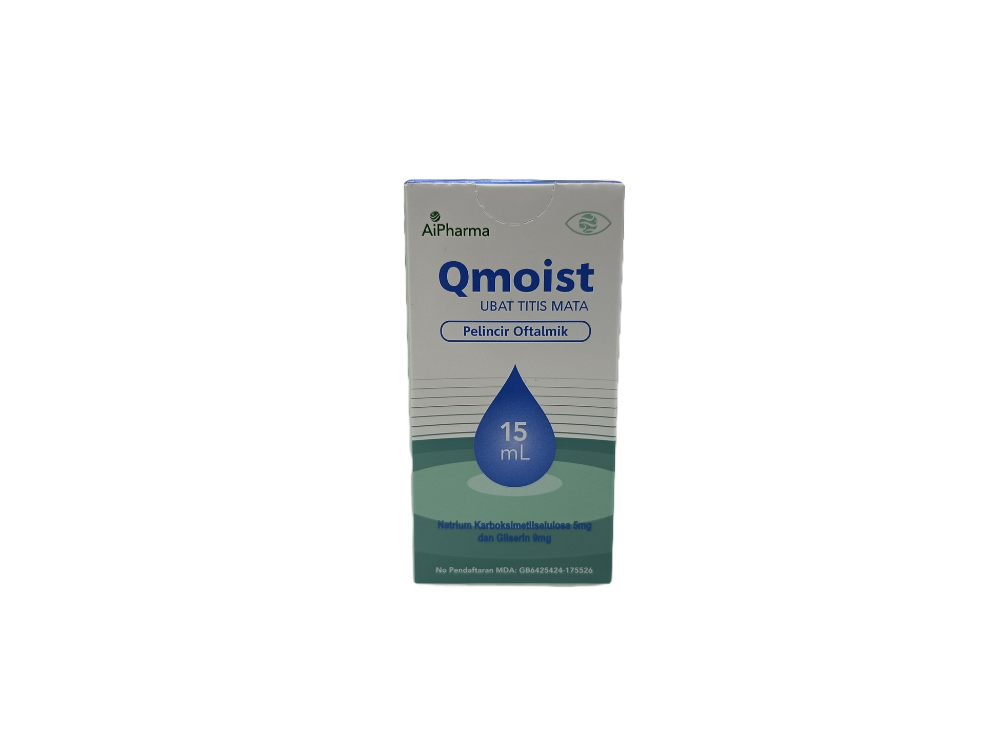 Qmoist eye drop box with Alpharma logo on a white background