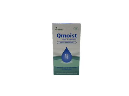 Qmoist eye drop box with Alpharma logo on a white background