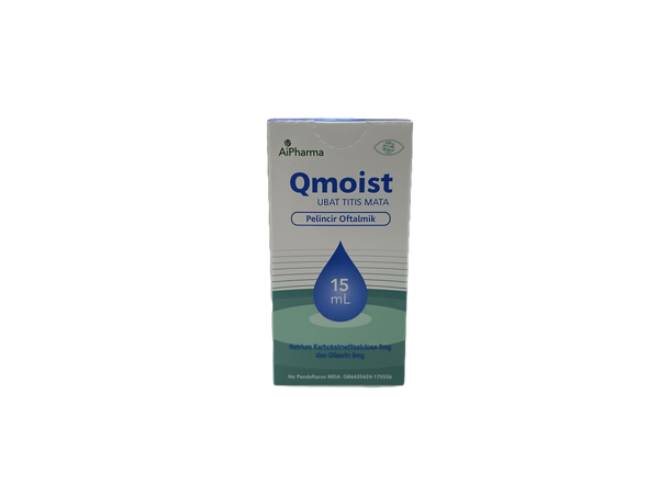Qmoist eye drop box with Alpharma logo on a white background