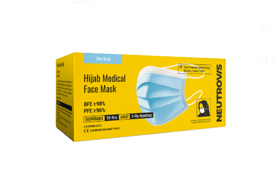Neutrovis 3-Ply Hijab Medical Face Mask (Headloop) - Sky Blue 50 pcs