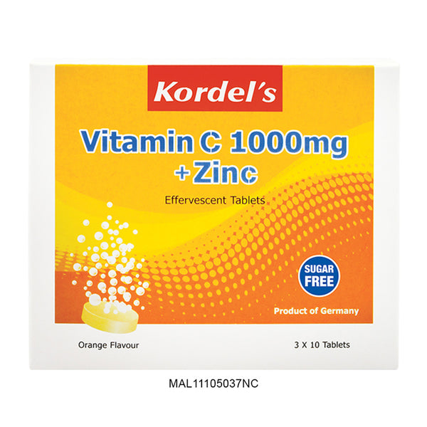 Kordel's Vitamin C 1000mg + Zinc Effervescent Orange Flavour 10'S x3