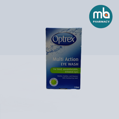 Optrex Multi Action Eye Wash packaging on a light gray background with MB Pharmacy logo.
